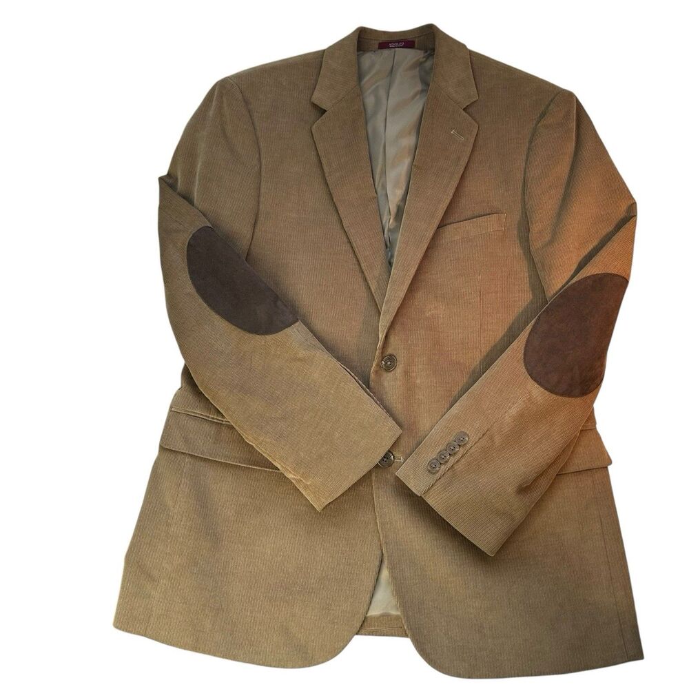 Adolfo Corduroy Blazer Sport Coat Jacket Men 40R Tan Elbow Patch Preppy Academia